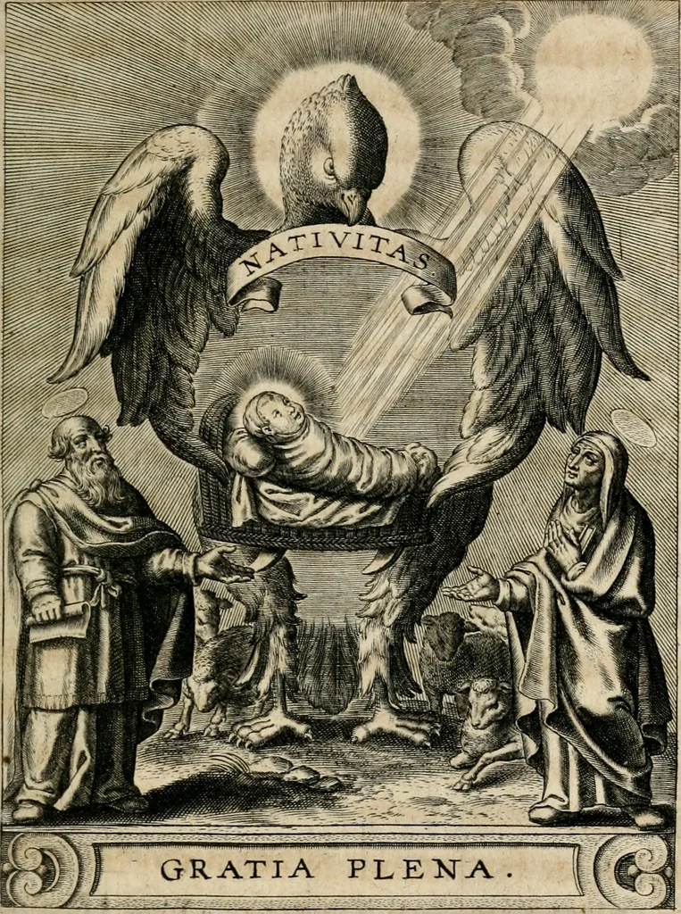 An illustration from Sacrvm oratorivm piarvm imaginvm immacvlatae Mariae et animae creatae : ac baptismo, poenitentia, et evcharistia innovatae : ars nova bene vivendi et moriende, sacris piarum imaginum emblematis figurata & illustrata, 1634, leaf 102