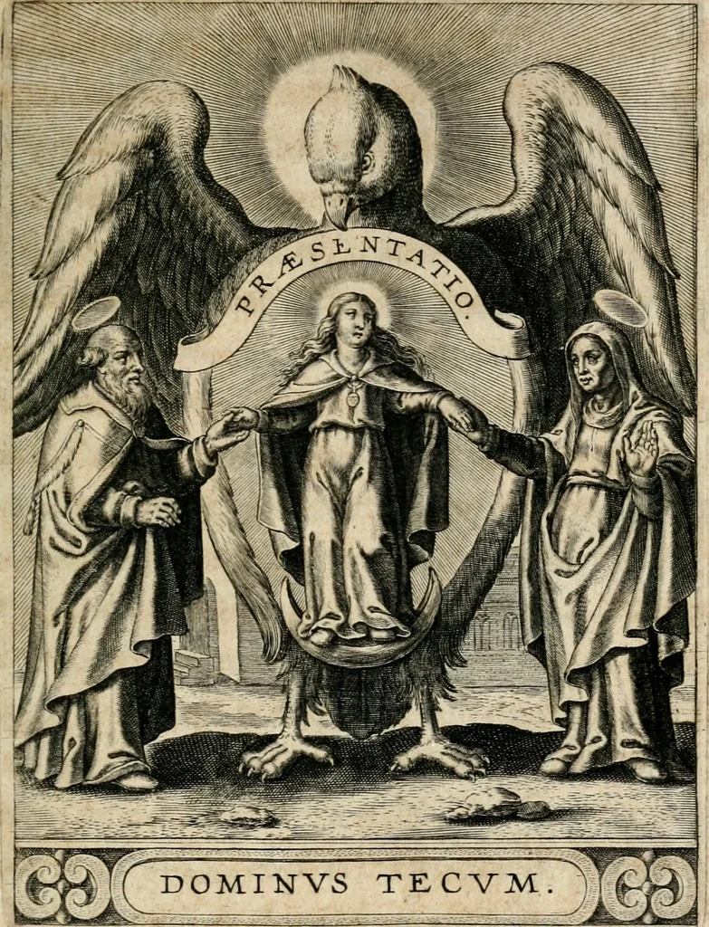An illustration from Sacrvm oratorivm piarvm imaginvm immacvlatae Mariae et animae creatae : ac baptismo, poenitentia, et evcharistia innovatae : ars nova bene vivendi et moriende, sacris piarum imaginum emblematis figurata & illustrata, 1634, leaf 112