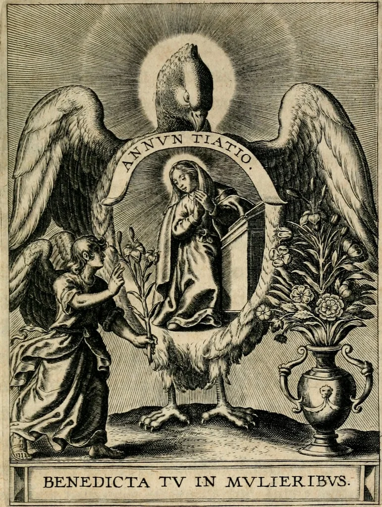 An illustration from Sacrvm oratorivm piarvm imaginvm immacvlatae Mariae et animae creatae : ac baptismo, poenitentia, et evcharistia innovatae : ars nova bene vivendi et moriende, sacris piarum imaginum emblematis figurata & illustrata, 1634, leaf 122
