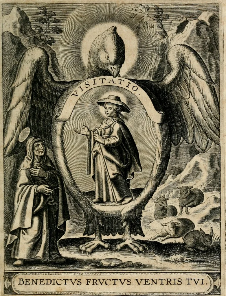An illustration from Sacrvm oratorivm piarvm imaginvm immacvlatae Mariae et animae creatae : ac baptismo, poenitentia, et evcharistia innovatae : ars nova bene vivendi et moriende, sacris piarum imaginum emblematis figurata & illustrata, 1634, leaf 132