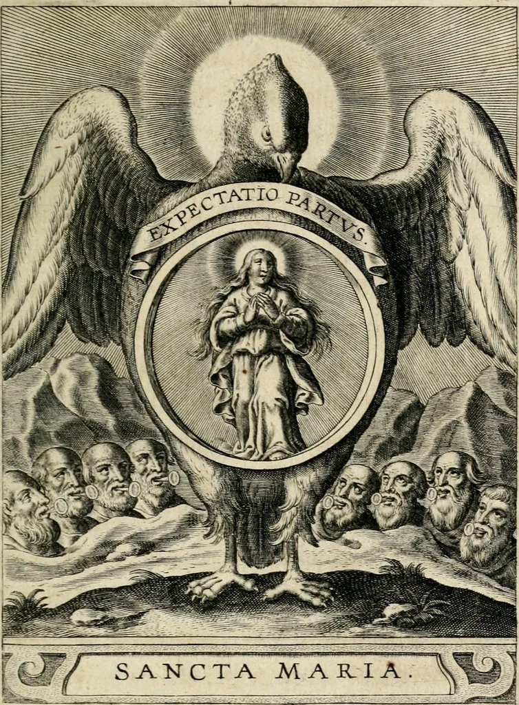 An illustration from Sacrvm oratorivm piarvm imaginvm immacvlatae Mariae et animae creatae : ac baptismo, poenitentia, et evcharistia innovatae : ars nova bene vivendi et moriende, sacris piarum imaginum emblematis figurata & illustrata, 1634, leaf 142