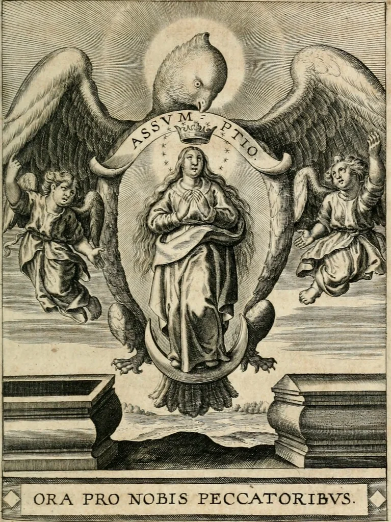 An illustration from Sacrvm oratorivm piarvm imaginvm immacvlatae Mariae et animae creatae : ac baptismo, poenitentia, et evcharistia innovatae : ars nova bene vivendi et moriende, sacris piarum imaginum emblematis figurata & illustrata, 1634, leaf 162
