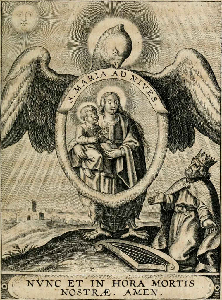 An illustration from Sacrvm oratorivm piarvm imaginvm immacvlatae Mariae et animae creatae : ac baptismo, poenitentia, et evcharistia innovatae : ars nova bene vivendi et moriende, sacris piarum imaginum emblematis figurata & illustrata, 1634, leaf 174