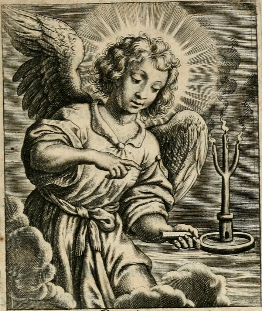 An illustration from Sacrvm oratorivm piarvm imaginvm immacvlatae Mariae et animae creatae : ac baptismo, poenitentia, et evcharistia innovatae : ars nova bene vivendi et moriende, sacris piarum imaginum emblematis figurata & illustrata, 1634, leaf 20