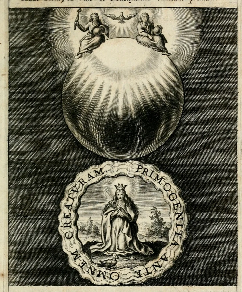 An illustration from Sacrvm oratorivm piarvm imaginvm immacvlatae Mariae et animae creatae : ac baptismo, poenitentia, et evcharistia innovatae : ars nova bene vivendi et moriende, sacris piarum imaginum emblematis figurata & illustrata, 1634, leaf 28