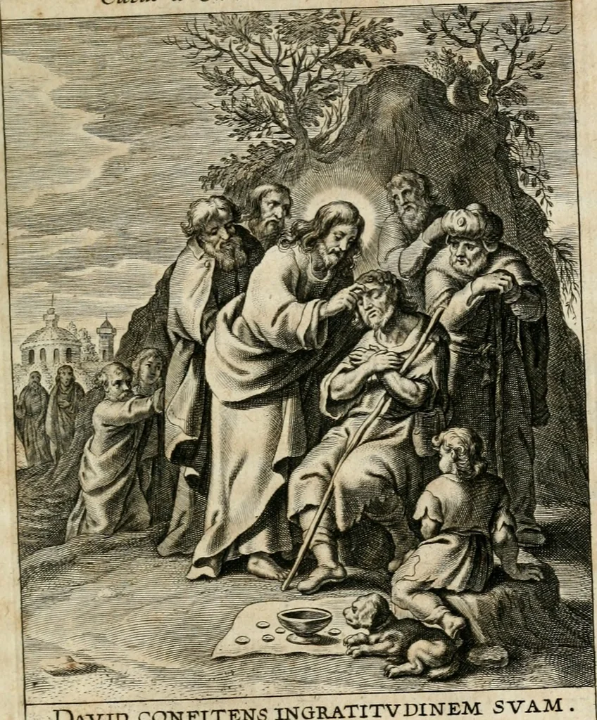 An illustration from Sacrvm oratorivm piarvm imaginvm immacvlatae Mariae et animae creatae : ac baptismo, poenitentia, et evcharistia innovatae : ars nova bene vivendi et moriende, sacris piarum imaginum emblematis figurata & illustrata, 1634, leaf 302