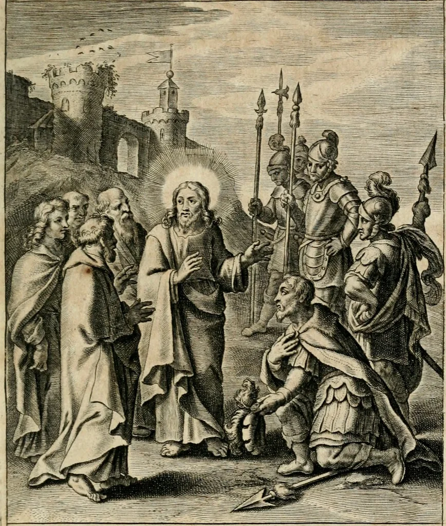 An illustration from Sacrvm oratorivm piarvm imaginvm immacvlatae Mariae et animae creatae : ac baptismo, poenitentia, et evcharistia innovatae : ars nova bene vivendi et moriende, sacris piarum imaginum emblematis figurata & illustrata, 1634, leaf 350