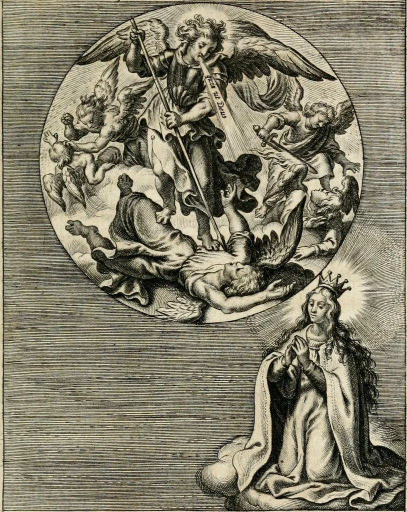 An illustration from Sacrvm oratorivm piarvm imaginvm immacvlatae Mariae et animae creatae : ac baptismo, poenitentia, et evcharistia innovatae : ars nova bene vivendi et moriende, sacris piarum imaginum emblematis figurata & illustrata, 1634, leaf 36