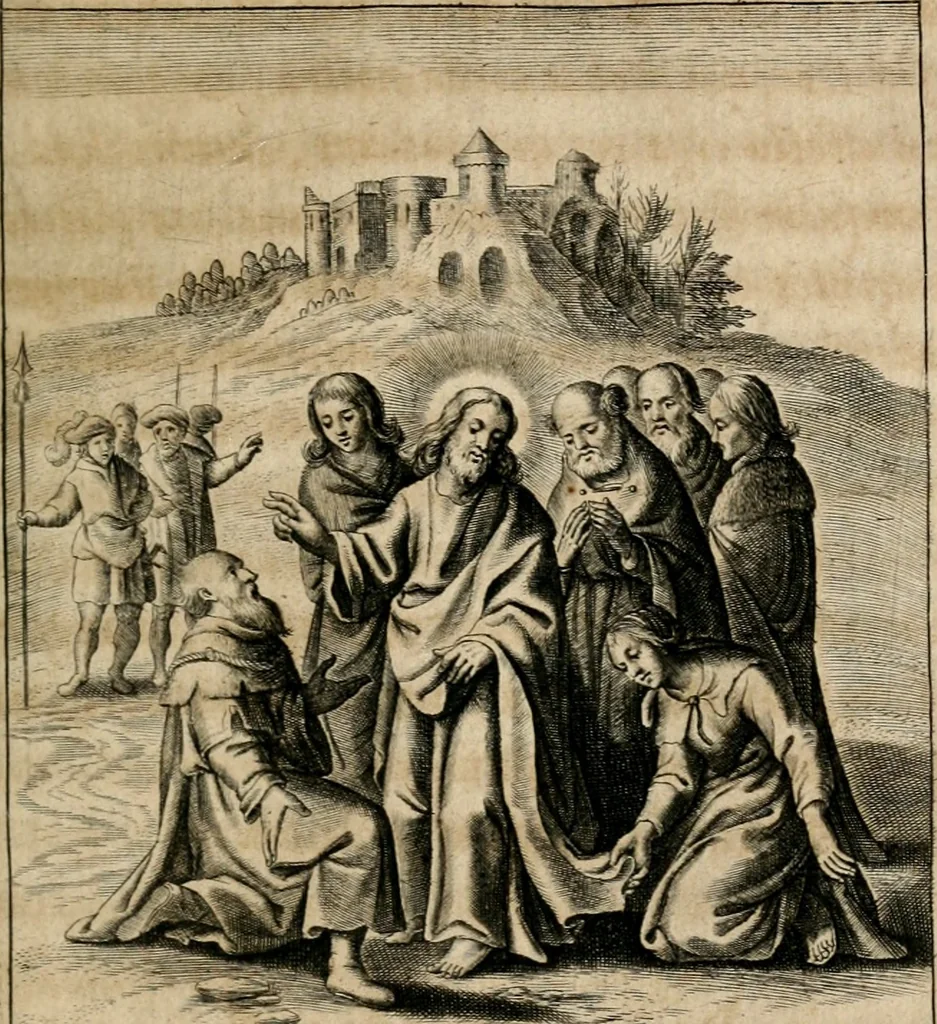 An illustration from Sacrvm oratorivm piarvm imaginvm immacvlatae Mariae et animae creatae : ac baptismo, poenitentia, et evcharistia innovatae : ars nova bene vivendi et moriende, sacris piarum imaginum emblematis figurata & illustrata, 1634, leaf 418