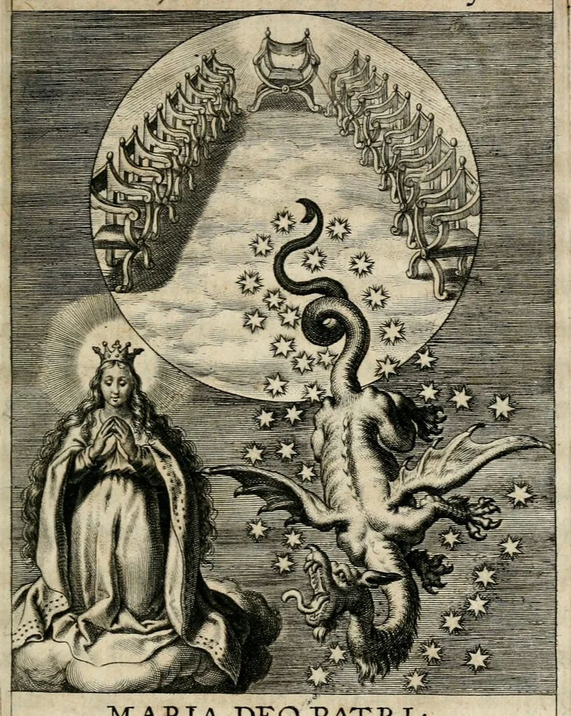 An illustration from Sacrvm oratorivm piarvm imaginvm immacvlatae Mariae et animae creatae : ac baptismo, poenitentia, et evcharistia innovatae : ars nova bene vivendi et moriende, sacris piarum imaginum emblematis figurata & illustrata, 1634, leaf 44