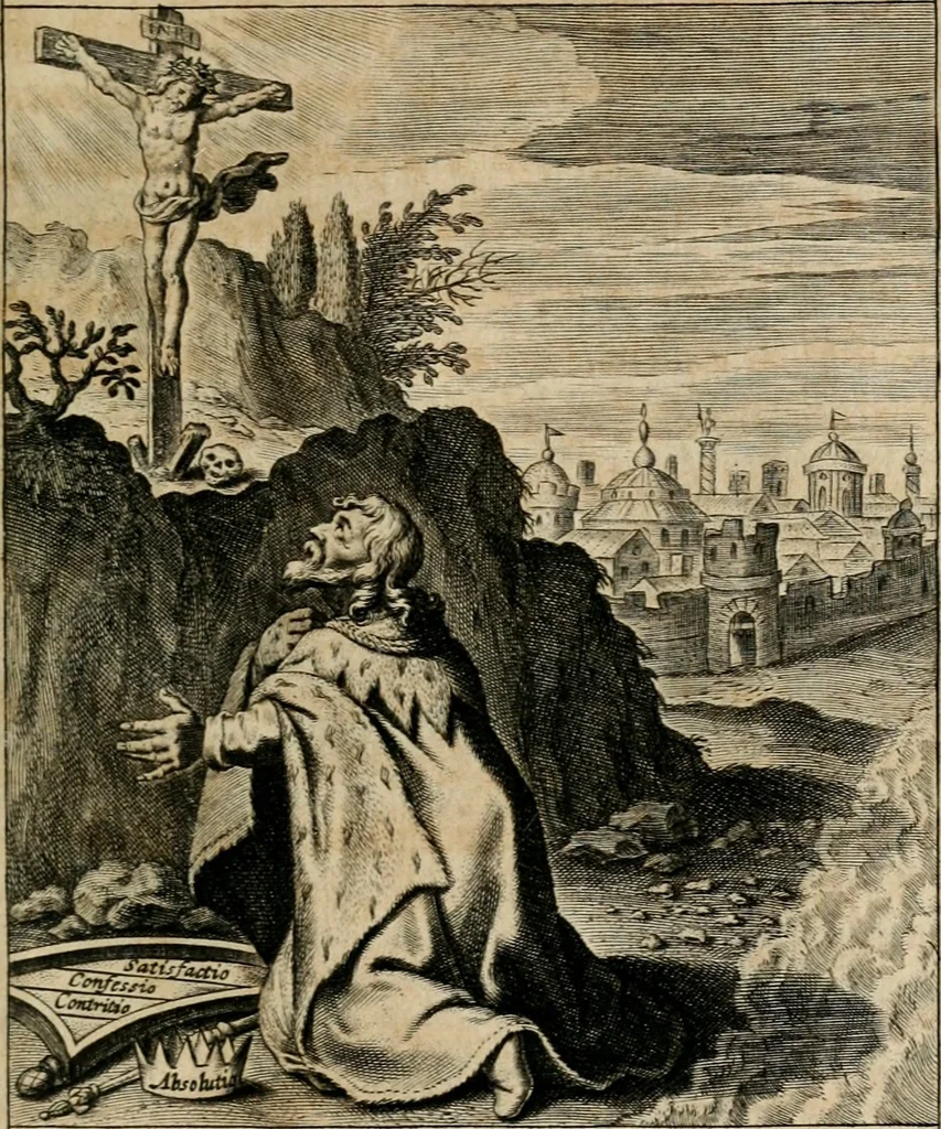 An illustration from Sacrvm oratorivm piarvm imaginvm immacvlatae Mariae et animae creatae : ac baptismo, poenitentia, et evcharistia innovatae : ars nova bene vivendi et moriende, sacris piarum imaginum emblematis figurata & illustrata, 1634, leaf 462