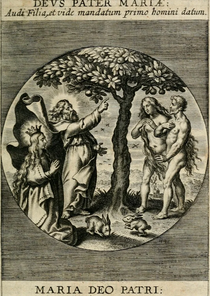 An illustration from Sacrvm oratorivm piarvm imaginvm immacvlatae Mariae et animae creatae : ac baptismo, poenitentia, et evcharistia innovatae : ars nova bene vivendi et moriende, sacris piarum imaginum emblematis figurata & illustrata, 1634, leaf 52