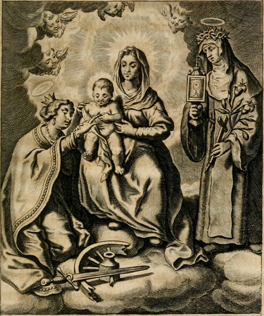 An illustration from Sacrvm oratorivm piarvm imaginvm immacvlatae Mariae et animae creatae : ac baptismo, poenitentia, et evcharistia innovatae : ars nova bene vivendi et moriende, sacris piarum imaginum emblematis figurata & illustrata, 1634, leaf 552