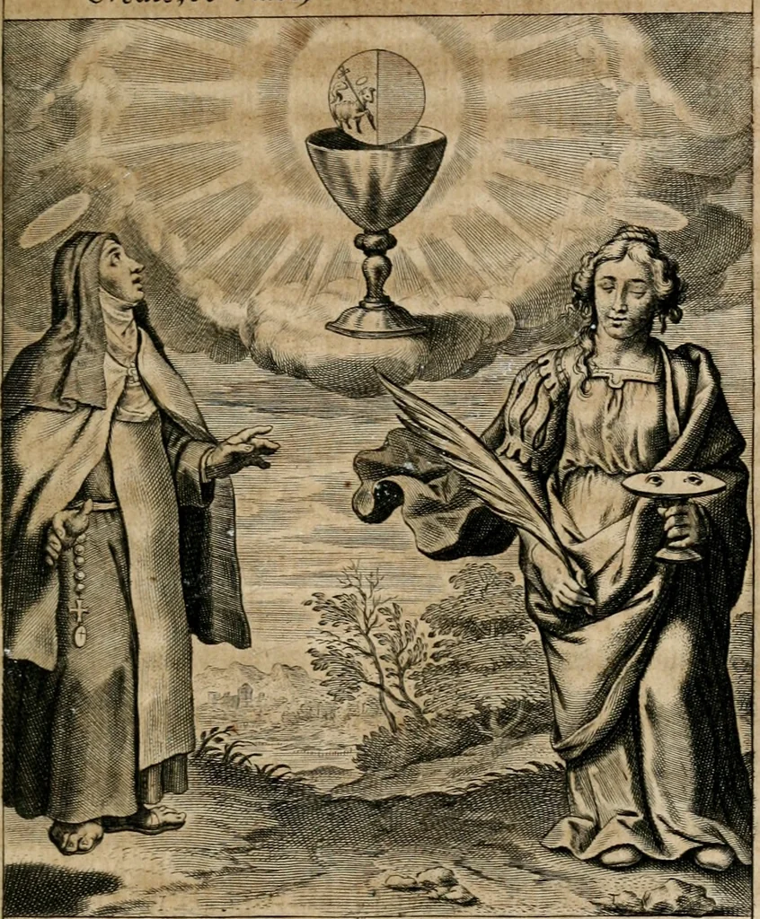 An illustration from Sacrvm oratorivm piarvm imaginvm immacvlatae Mariae et animae creatae : ac baptismo, poenitentia, et evcharistia innovatae : ars nova bene vivendi et moriende, sacris piarum imaginum emblematis figurata & illustrata, 1634, leaf 588
