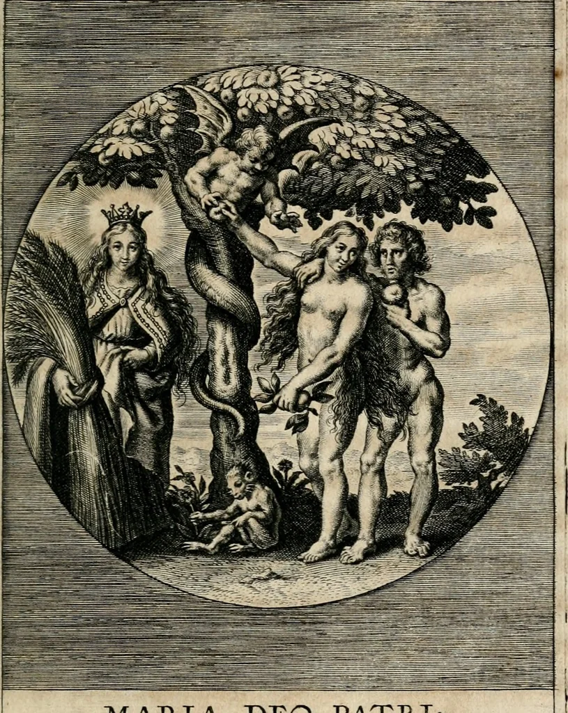 An illustration from Sacrvm oratorivm piarvm imaginvm immacvlatae Mariae et animae creatae : ac baptismo, poenitentia, et evcharistia innovatae : ars nova bene vivendi et moriende, sacris piarum imaginum emblematis figurata & illustrata, 1634, leaf 60