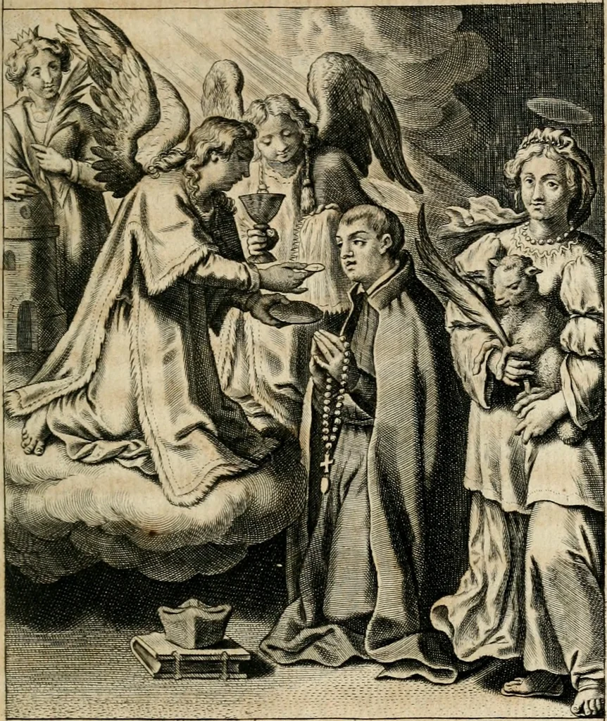 An illustration from Sacrvm oratorivm piarvm imaginvm immacvlatae Mariae et animae creatae : ac baptismo, poenitentia, et evcharistia innovatae : ars nova bene vivendi et moriende, sacris piarum imaginum emblematis figurata & illustrata, 1634, leaf 606