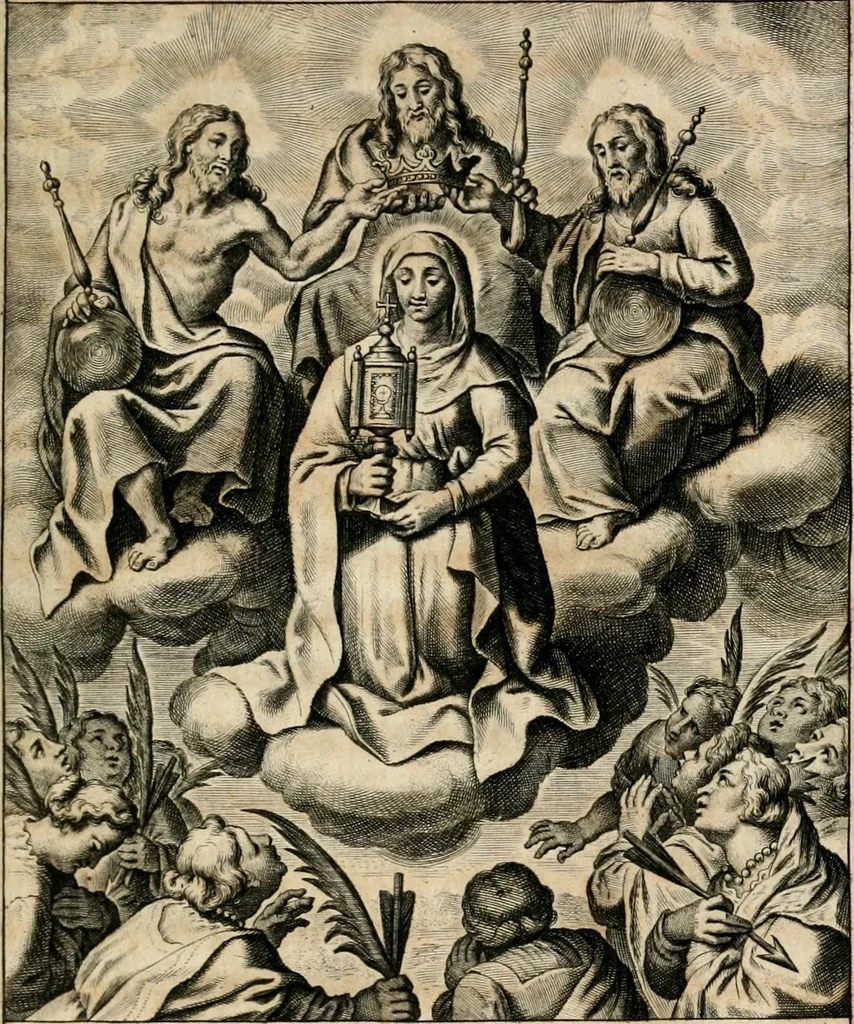 An illustration from Sacrvm oratorivm piarvm imaginvm immacvlatae Mariae et animae creatae : ac baptismo, poenitentia, et evcharistia innovatae : ars nova bene vivendi et moriende, sacris piarum imaginum emblematis figurata & illustrata, 1634, leaf 624