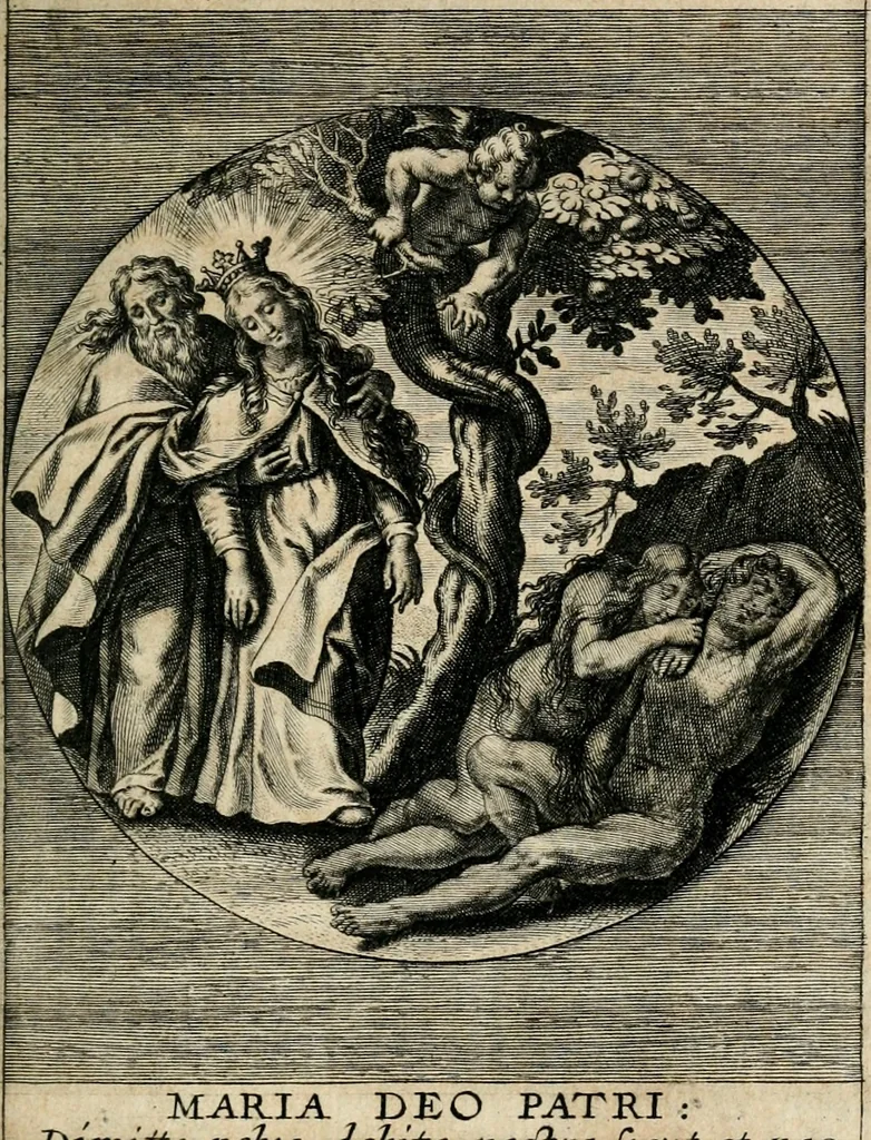 An illustration from Sacrvm oratorivm piarvm imaginvm immacvlatae Mariae et animae creatae : ac baptismo, poenitentia, et evcharistia innovatae : ars nova bene vivendi et moriende, sacris piarum imaginum emblematis figurata & illustrata, 1634, leaf 70