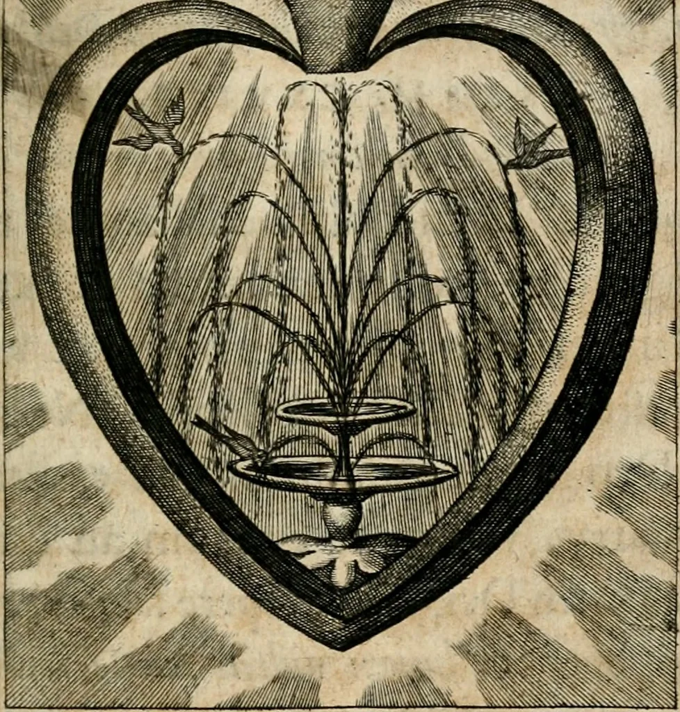 An illustration from Sacrvm oratorivm piarvm imaginvm immacvlatae Mariae et animae creatae : ac baptismo, poenitentia, et evcharistia innovatae : ars nova bene vivendi et moriende, sacris piarum imaginum emblematis figurata & illustrata, 1634, leaf 718