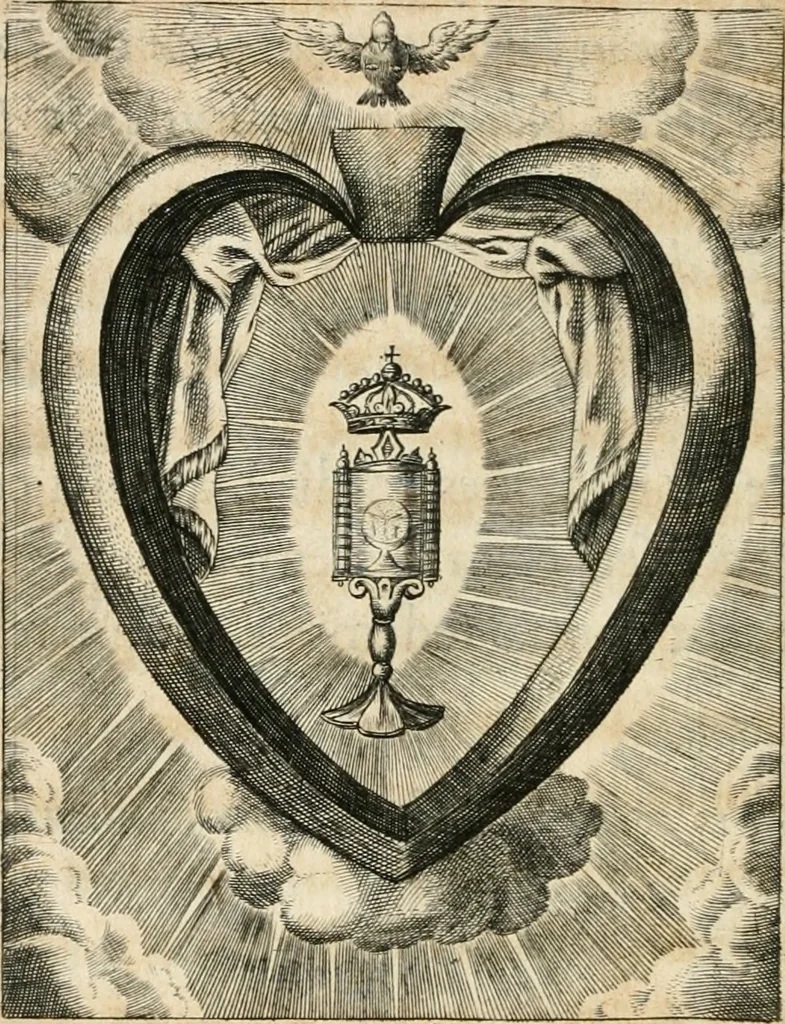 An illustration from Sacrvm oratorivm piarvm imaginvm immacvlatae Mariae et animae creatae : ac baptismo, poenitentia, et evcharistia innovatae : ars nova bene vivendi et moriende, sacris piarum imaginum emblematis figurata & illustrata, 1634, leaf 731