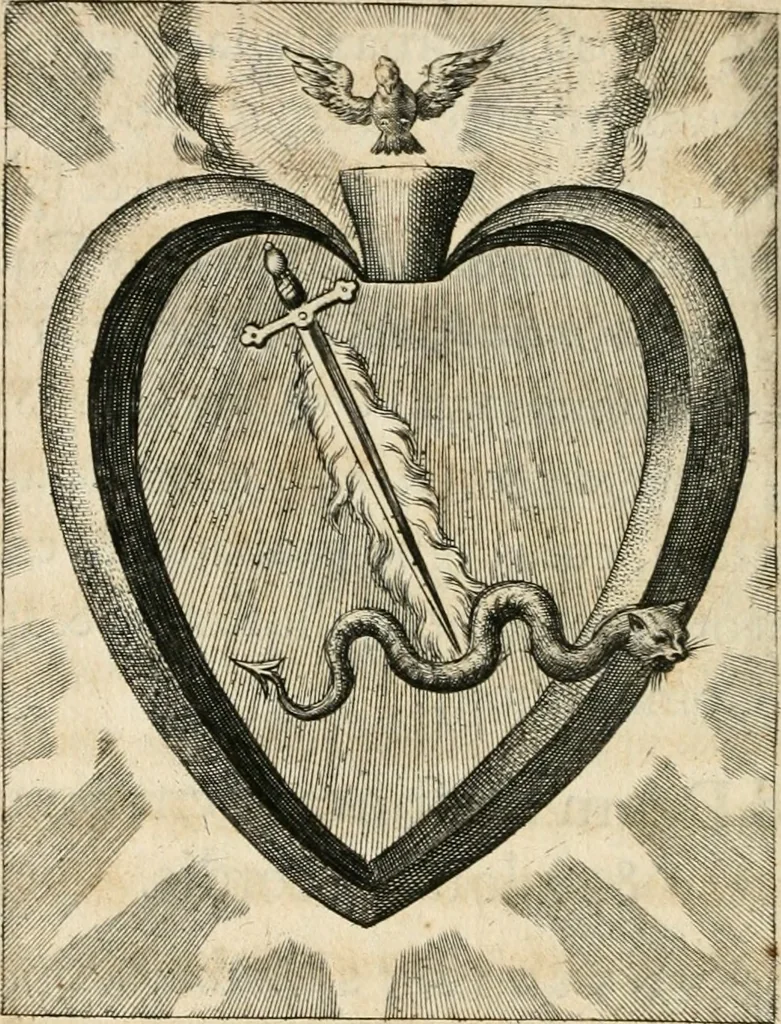 An illustration from Sacrvm oratorivm piarvm imaginvm immacvlatae Mariae et animae creatae : ac baptismo, poenitentia, et evcharistia innovatae : ars nova bene vivendi et moriende, sacris piarum imaginum emblematis figurata & illustrata, 1634, leaf 777