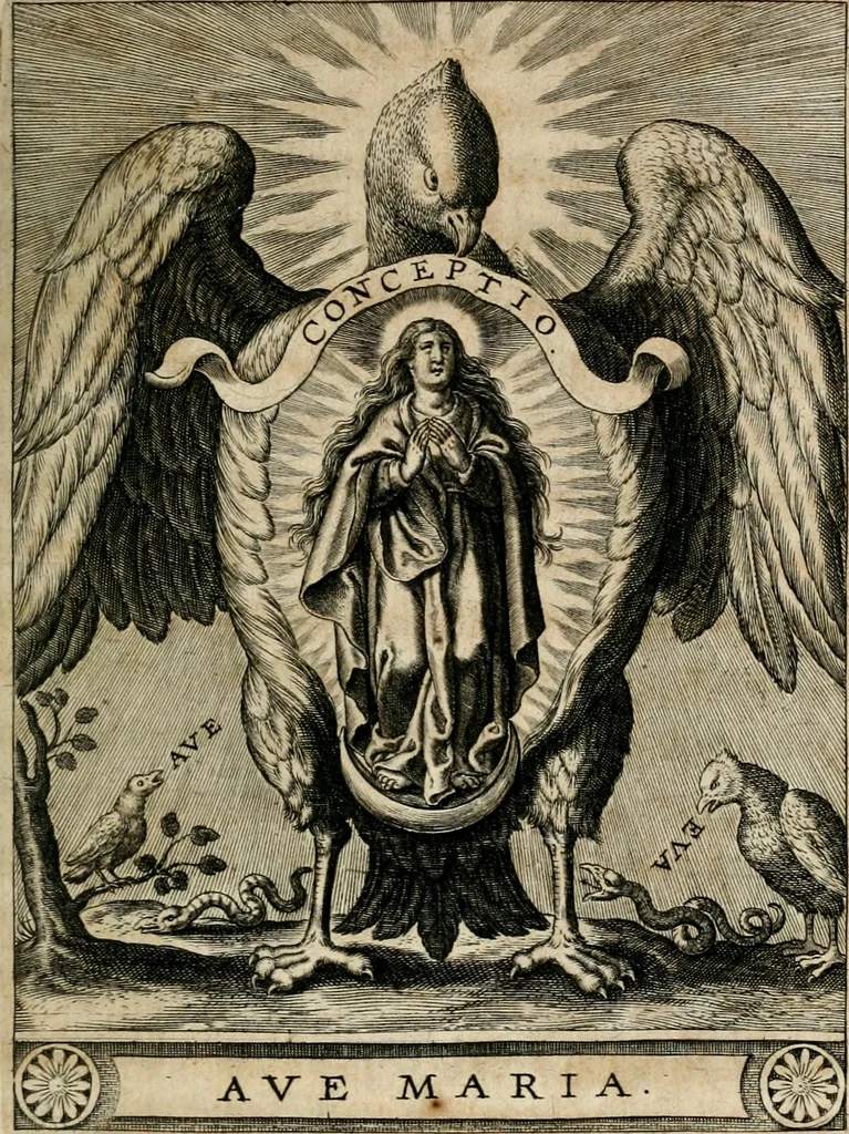 An illustration from Sacrvm oratorivm piarvm imaginvm immacvlatae Mariae et animae creatae : ac baptismo, poenitentia, et evcharistia innovatae : ars nova bene vivendi et moriende, sacris piarum imaginum emblematis figurata & illustrata, 1634, leaf 90