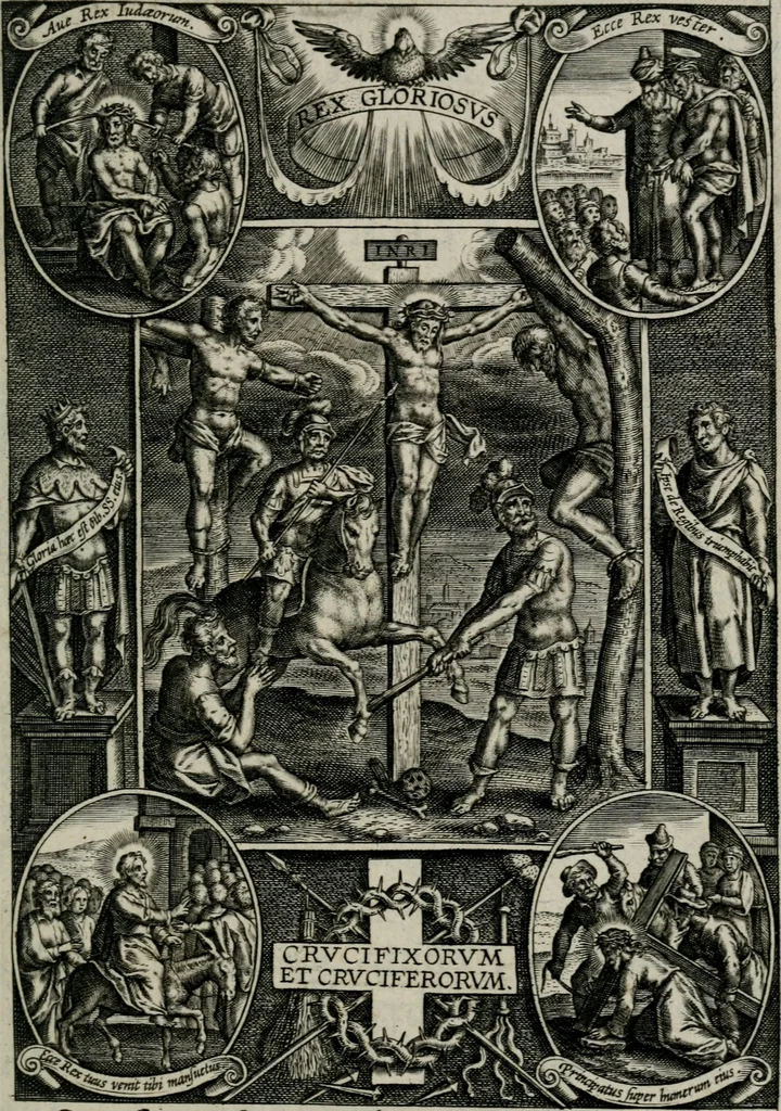 An illustration from Sacrvm sanctvarivm crvcis et patientiae crvcifixorvm et crvciferorvm, emblematicis imaginibvs laborantivm et aegrotantivm ornatvm: artifices gloriosi novae artis bene vivendi et moriendi, 1634, leaf 34