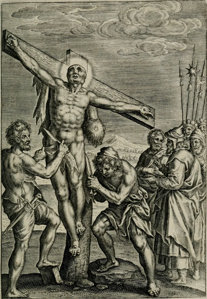 An illustration from Sacrvm sanctvarivm crvcis et patientiae crvcifixorvm et crvciferorvm, emblematicis imaginibvs laborantivm et aegrotantivm ornatvm: artifices gloriosi novae artis bene vivendi et moriendi, 1634, leaf 70