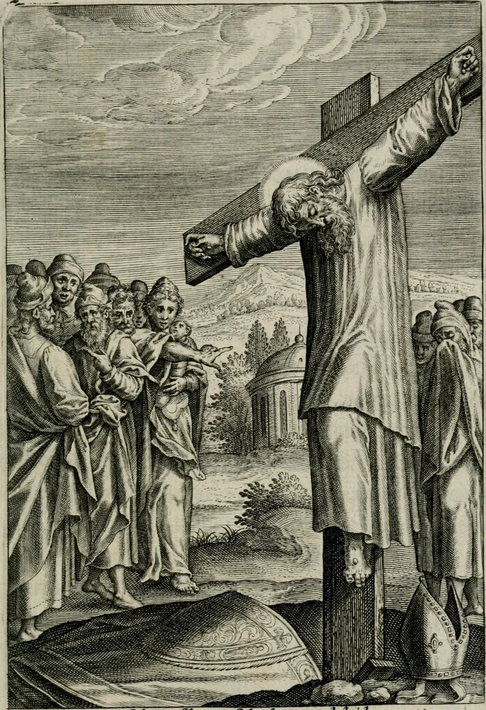 An illustration from Sacrvm sanctvarivm crvcis et patientiae crvcifixorvm et crvciferorvm, emblematicis imaginibvs laborantivm et aegrotantivm ornatvm: artifices gloriosi novae artis bene vivendi et moriendi, 1634, leaf 80