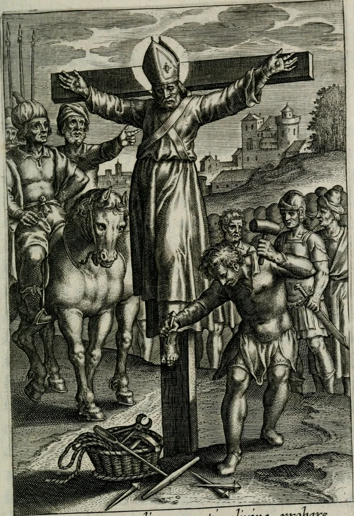 An illustration from Sacrvm sanctvarivm crvcis et patientiae crvcifixorvm et crvciferorvm, emblematicis imaginibvs laborantivm et aegrotantivm ornatvm: artifices gloriosi novae artis bene vivendi et moriendi, 1634, leaf 88