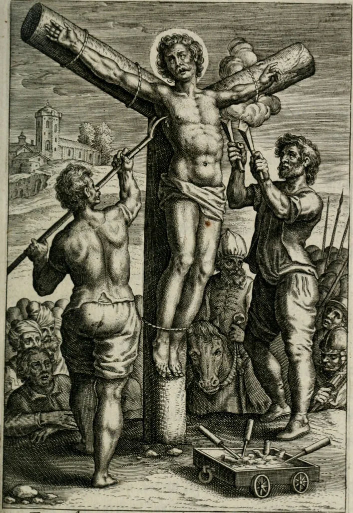 An illustration from Sacrvm sanctvarivm crvcis et patientiae crvcifixorvm et crvciferorvm, emblematicis imaginibvs laborantivm et aegrotantivm ornatvm: artifices gloriosi novae artis bene vivendi et moriendi, 1634, leaf 114