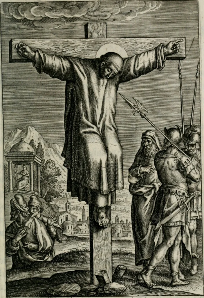 An illustration from Sacrvm sanctvarivm crvcis et patientiae crvcifixorvm et crvciferorvm, emblematicis imaginibvs laborantivm et aegrotantivm ornatvm: artifices gloriosi novae artis bene vivendi et moriendi, 1634, leaf 138
