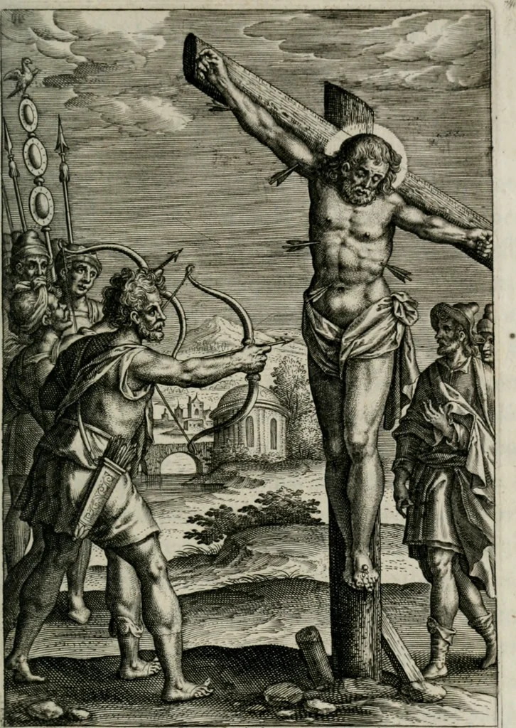 An illustration from Sacrvm sanctvarivm crvcis et patientiae crvcifixorvm et crvciferorvm, emblematicis imaginibvs laborantivm et aegrotantivm ornatvm: artifices gloriosi novae artis bene vivendi et moriendi, 1634, leaf 146