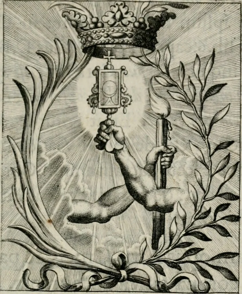An illustration from Sacrvm sanctvarivm crvcis et patientiae crvcifixorvm et crvciferorvm, emblematicis imaginibvs laborantivm et aegrotantivm ornatvm: artifices gloriosi novae artis bene vivendi et moriendi, 1634, leaf 16