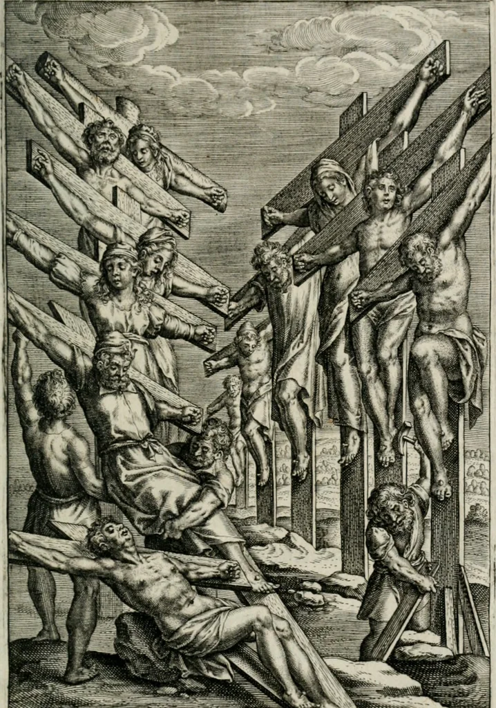 An illustration from Sacrvm sanctvarivm crvcis et patientiae crvcifixorvm et crvciferorvm, emblematicis imaginibvs laborantivm et aegrotantivm ornatvm: artifices gloriosi novae artis bene vivendi et moriendi, 1634, leaf 180