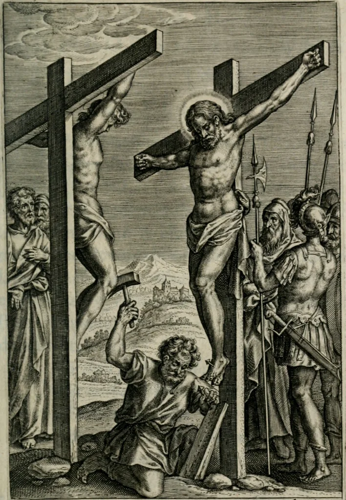 An illustration from Sacrvm sanctvarivm crvcis et patientiae crvcifixorvm et crvciferorvm, emblematicis imaginibvs laborantivm et aegrotantivm ornatvm: artifices gloriosi novae artis bene vivendi et moriendi, 1634, leaf 200