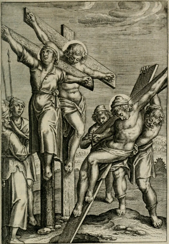 An illustration from Sacrvm sanctvarivm crvcis et patientiae crvcifixorvm et crvciferorvm, emblematicis imaginibvs laborantivm et aegrotantivm ornatvm: artifices gloriosi novae artis bene vivendi et moriendi, 1634, leaf 228