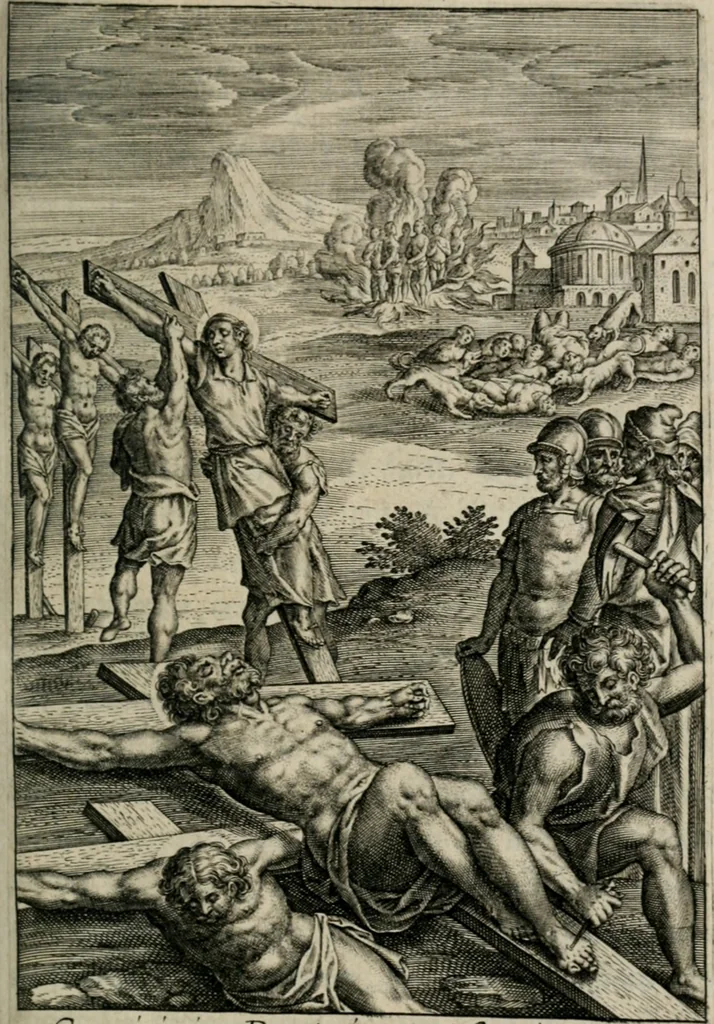 An illustration from Sacrvm sanctvarivm crvcis et patientiae crvcifixorvm et crvciferorvm, emblematicis imaginibvs laborantivm et aegrotantivm ornatvm: artifices gloriosi novae artis bene vivendi et moriendi, 1634, leaf 236
