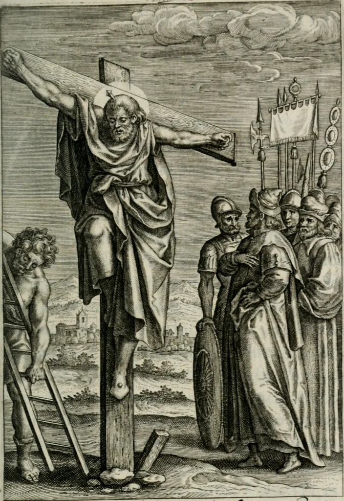 An illustration from Sacrvm sanctvarivm crvcis et patientiae crvcifixorvm et crvciferorvm, emblematicis imaginibvs laborantivm et aegrotantivm ornatvm: artifices gloriosi novae artis bene vivendi et moriendi, 1634, leaf 254