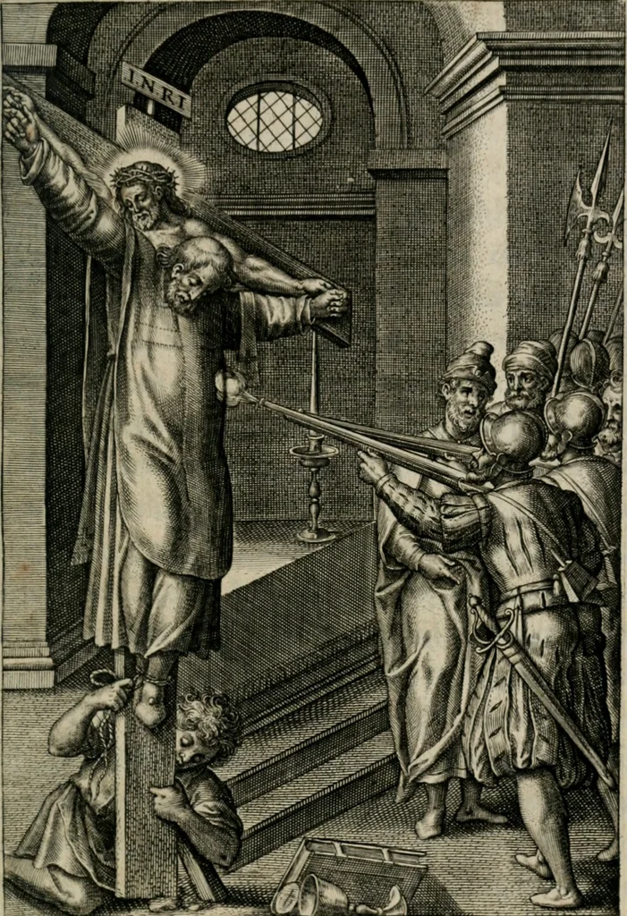 An illustration from Sacrvm sanctvarivm crvcis et patientiae crvcifixorvm et crvciferorvm, emblematicis imaginibvs laborantivm et aegrotantivm ornatvm: artifices gloriosi novae artis bene vivendi et moriendi, 1634, leaf 324