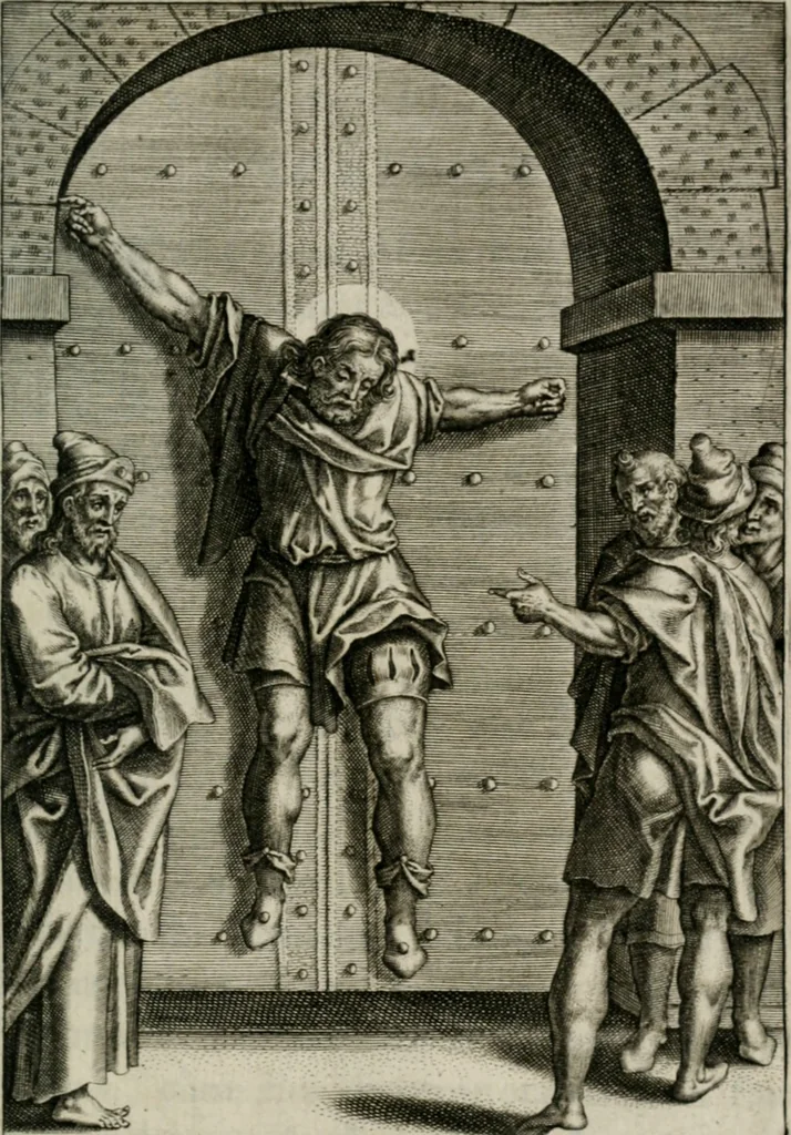 An illustration from Sacrvm sanctvarivm crvcis et patientiae crvcifixorvm et crvciferorvm, emblematicis imaginibvs laborantivm et aegrotantivm ornatvm: artifices gloriosi novae artis bene vivendi et moriendi, 1634, leaf 334