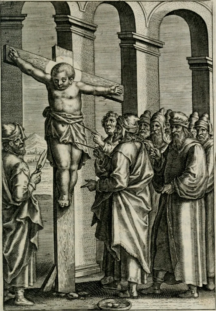 An illustration from Sacrvm sanctvarivm crvcis et patientiae crvcifixorvm et crvciferorvm, emblematicis imaginibvs laborantivm et aegrotantivm ornatvm: artifices gloriosi novae artis bene vivendi et moriendi, 1634, leaf 344