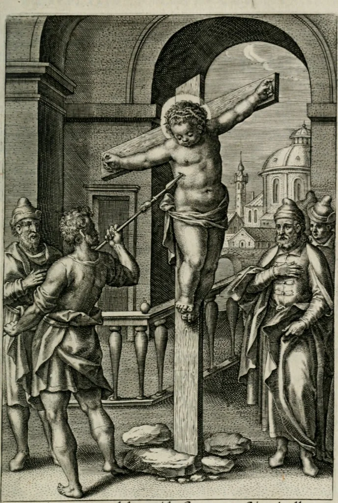 An illustration from Sacrvm sanctvarivm crvcis et patientiae crvcifixorvm et crvciferorvm, emblematicis imaginibvs laborantivm et aegrotantivm ornatvm: artifices gloriosi novae artis bene vivendi et moriendi, 1634, leaf 352
