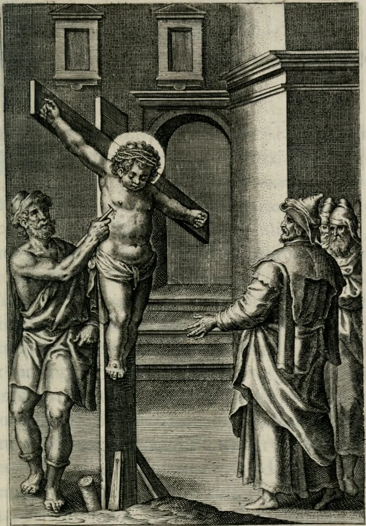 An illustration from Sacrvm sanctvarivm crvcis et patientiae crvcifixorvm et crvciferorvm, emblematicis imaginibvs laborantivm et aegrotantivm ornatvm: artifices gloriosi novae artis bene vivendi et moriendi, 1634, leaf 360