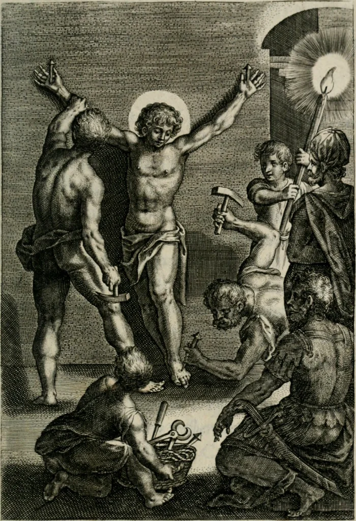 An illustration from Sacrvm sanctvarivm crvcis et patientiae crvcifixorvm et crvciferorvm, emblematicis imaginibvs laborantivm et aegrotantivm ornatvm: artifices gloriosi novae artis bene vivendi et moriendi, 1634, leaf 368