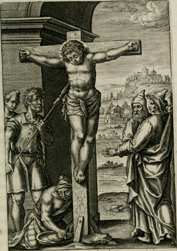 An illustration from Sacrvm sanctvarivm crvcis et patientiae crvcifixorvm et crvciferorvm, emblematicis imaginibvs laborantivm et aegrotantivm ornatvm: artifices gloriosi novae artis bene vivendi et moriendi, 1634, leaf 376
