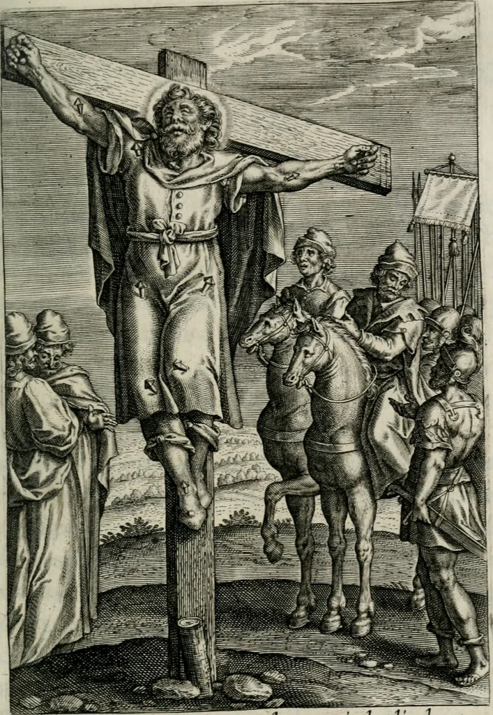An illustration from Sacrvm sanctvarivm crvcis et patientiae crvcifixorvm et crvciferorvm, emblematicis imaginibvs laborantivm et aegrotantivm ornatvm: artifices gloriosi novae artis bene vivendi et moriendi, 1634, leaf 38