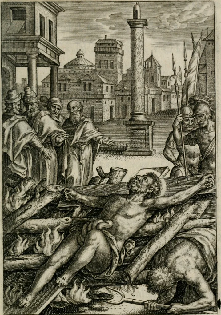 An illustration from Sacrvm sanctvarivm crvcis et patientiae crvcifixorvm et crvciferorvm, emblematicis imaginibvs laborantivm et aegrotantivm ornatvm: artifices gloriosi novae artis bene vivendi et moriendi, 1634, leaf 56