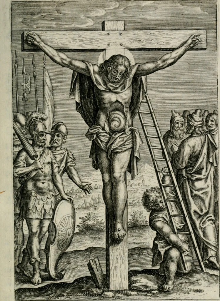 An illustration from Sacrvm sanctvarivm crvcis et patientiae crvcifixorvm et crvciferorvm, emblematicis imaginibvs laborantivm et aegrotantivm ornatvm: artifices gloriosi novae artis bene vivendi et moriendi, 1634, leaf 66