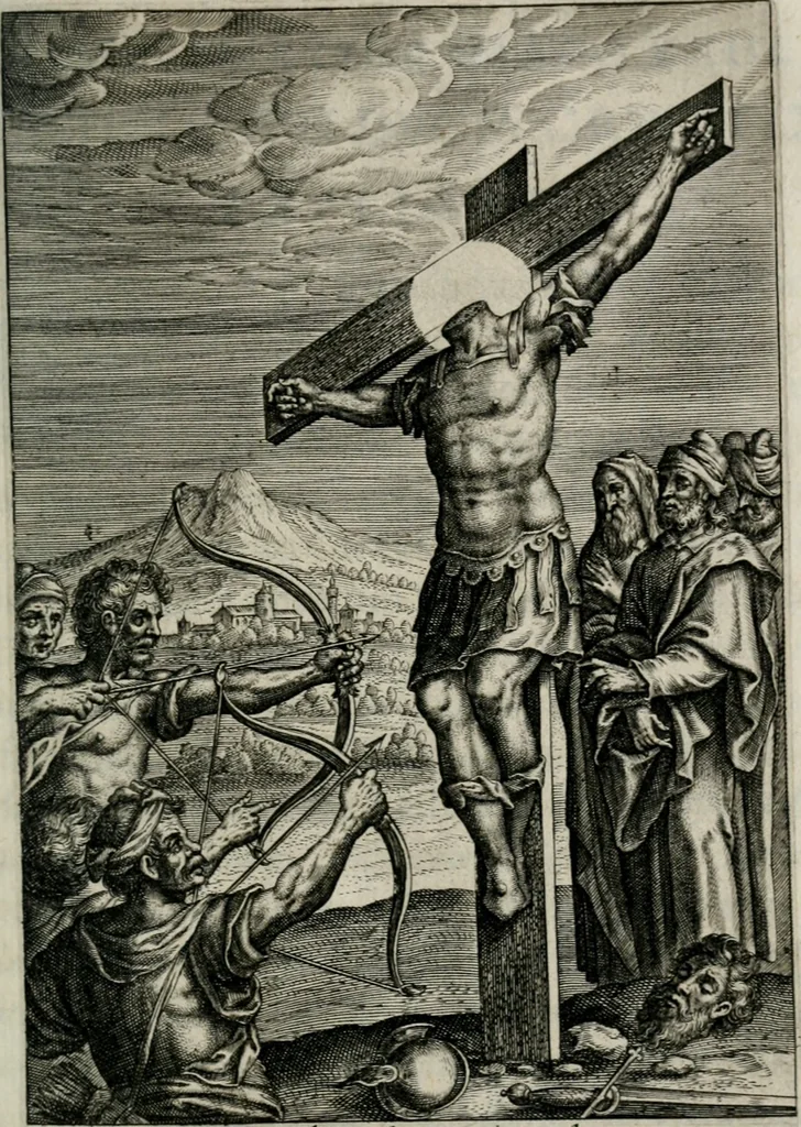 An illustration from Sacrvm sanctvarivm crvcis et patientiae crvcifixorvm et crvciferorvm, emblematicis imaginibvs laborantivm et aegrotantivm ornatvm: artifices gloriosi novae artis bene vivendi et moriendi, 1634, leaf 74
